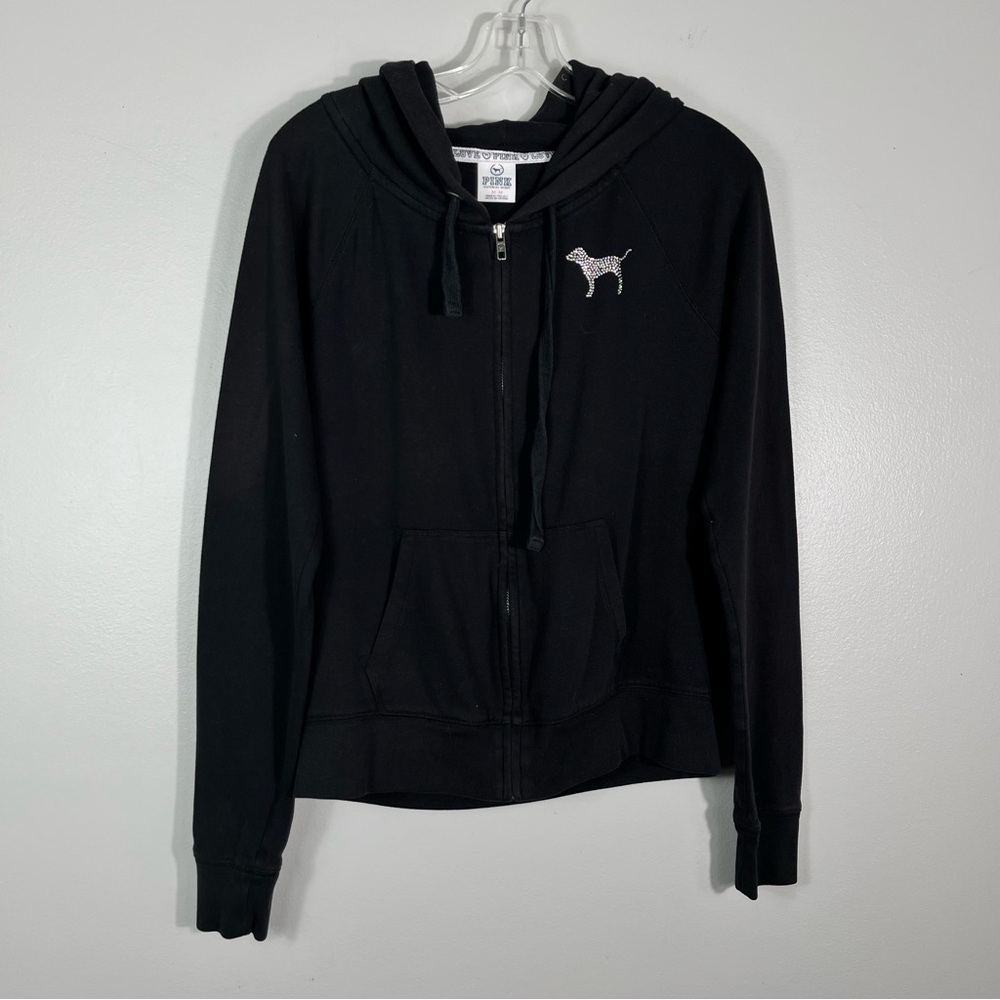 Vintage Y2K Victoria's Secret PINK Black Silver Bling Rhinestone Zip Up Hoodie M - Picture 3 of 6